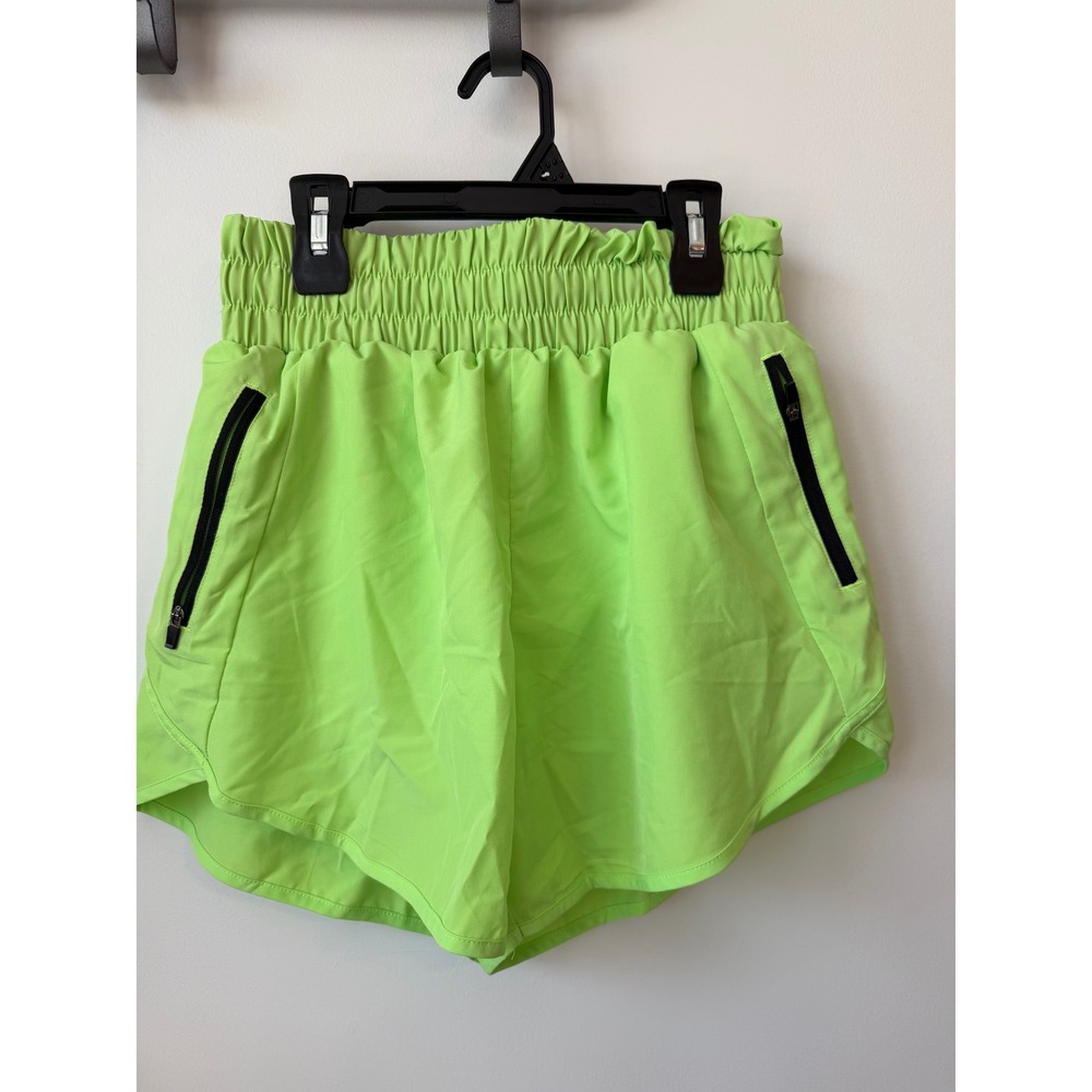 Neon Lime Green High Waisted Athletic Running Shorts with Zipper Pockets Small